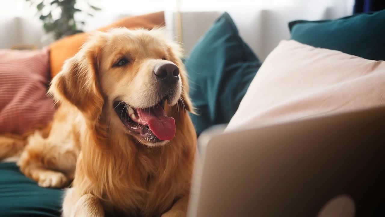 Dog lays with computer and waiting for order