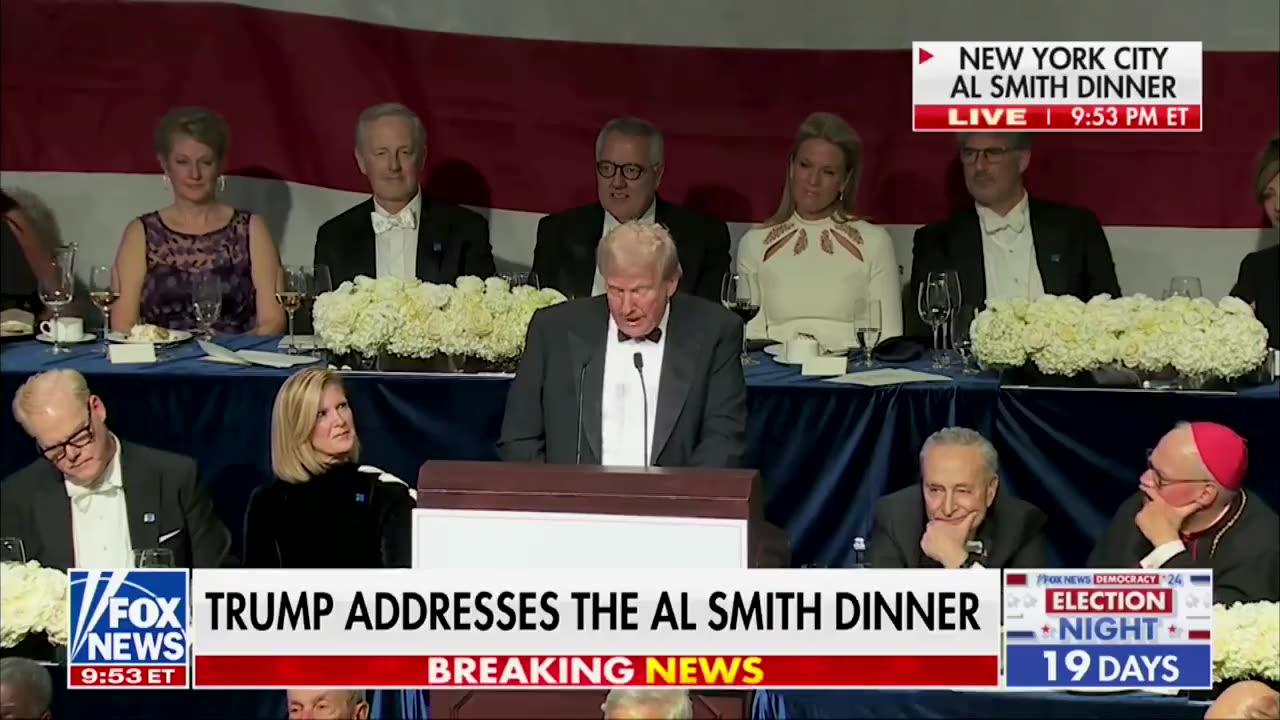 President Donald Trump at the Al Smith Charity dinner, on Kamala Harris's childcare plan.