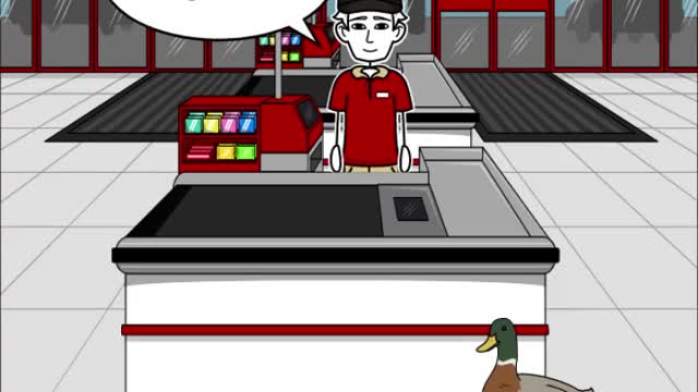 A duck walks in a store
