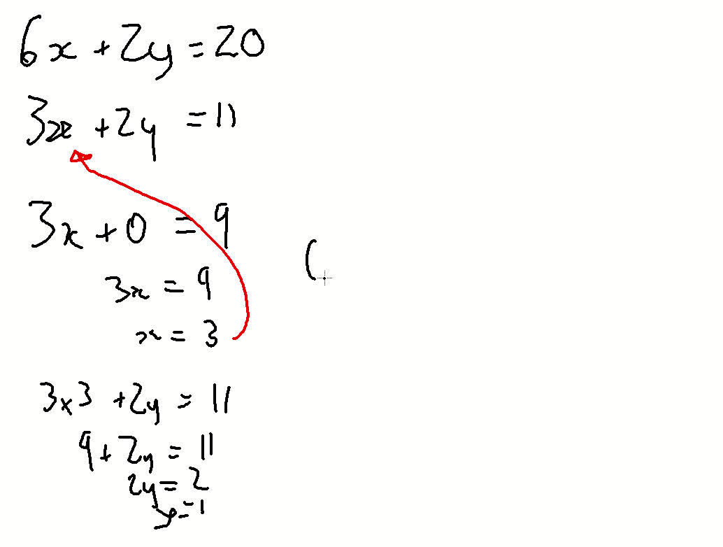 Simultaneous Equations, elimination: 6x+2y=20 & 3x+2y=11