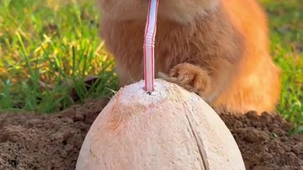 The little rabbit is drinking coconut juice.