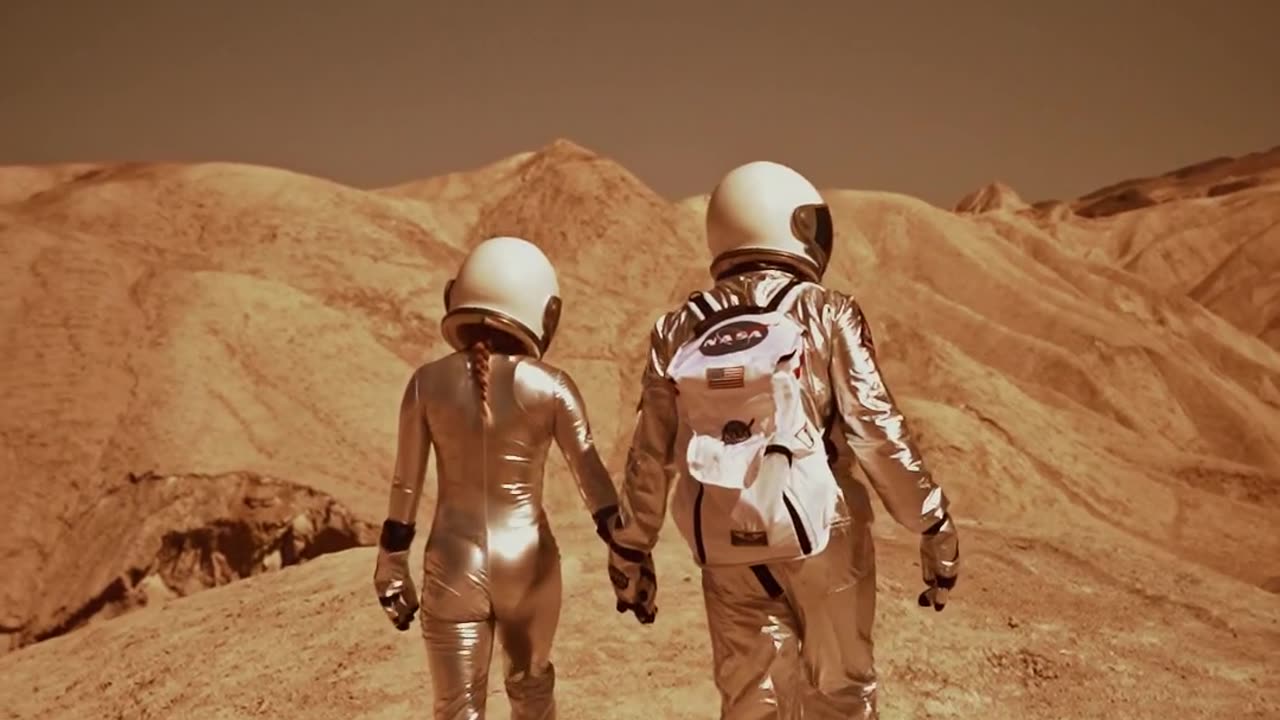 Beautiful couple walking on moon.