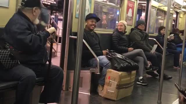 Man in giant ball can't fit in subway doors