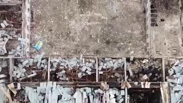 Consequences of a missile attack on the city center from a bird's eye view.