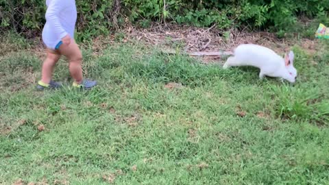 Cute baby and rabbit