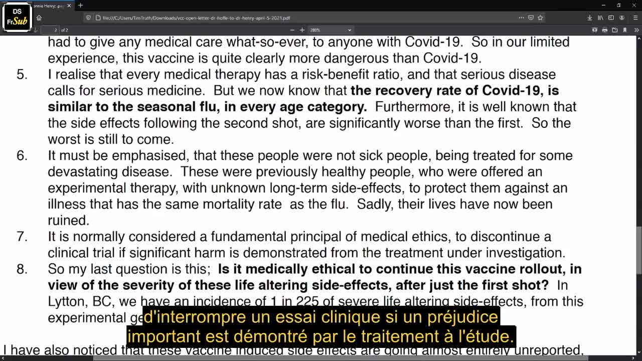 Dr Charles Hoffe Lettre ouverte sur les effets secondaires des vaccins et entretien - DS FRSUB