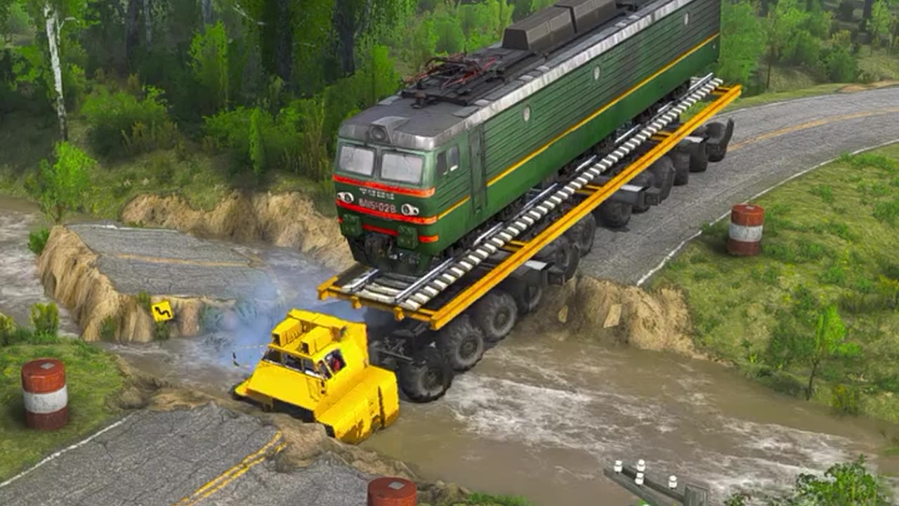 truck driver carrying locomotive across river