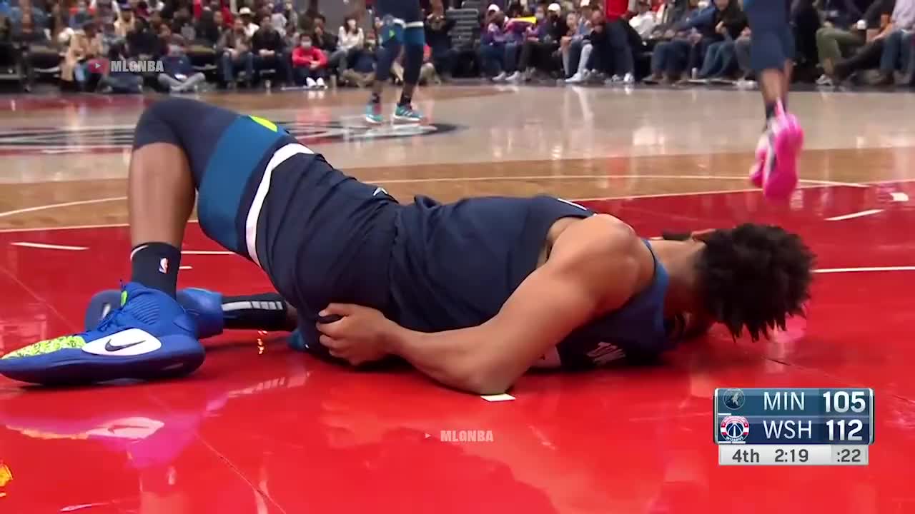 Towns dunked, slipped off the rim, and took a bad fall on his tailbone