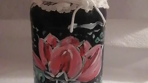 Handpainted Lily pond on glass jar