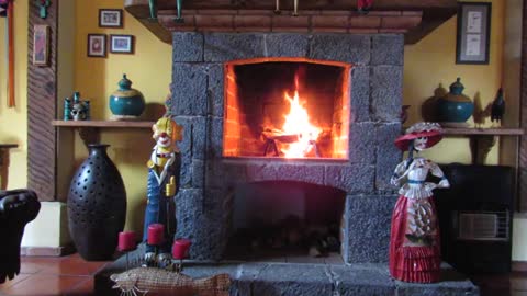 Fireplace burns for Christmas in 2017.