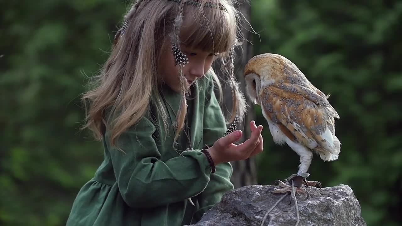 Little girl with an owl in a fairy forest. Friends