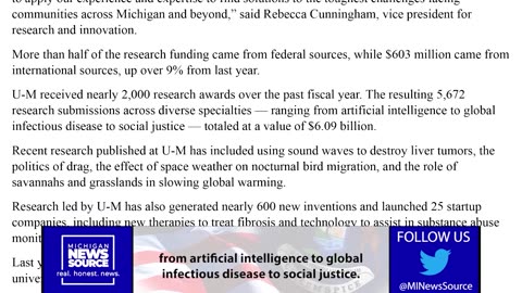 The University of Michigan is reporting nearly $2 billion in research expenditures