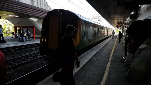 Train arriving at Birmingham International Train Station UK