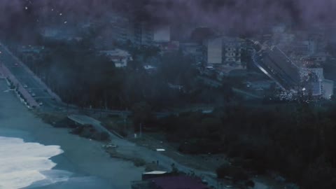 Monstrous Tornado on the Beach, destroying buildings