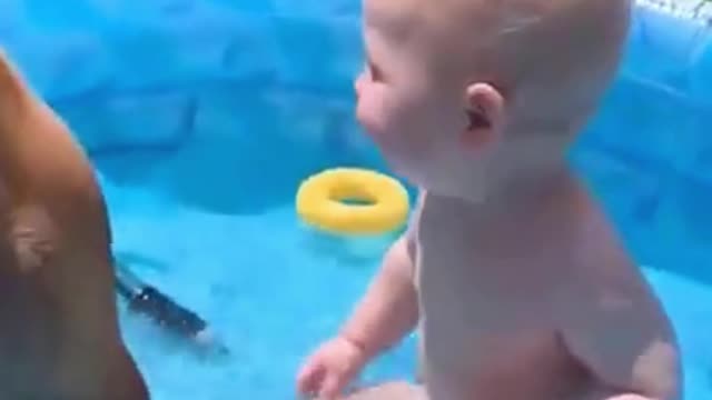 Cute Baby and Dog Both Bathing in Water Tub