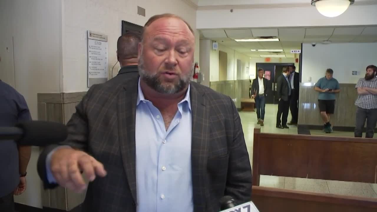 Alex Jones speaks to media at Sandy Hook defamation trial