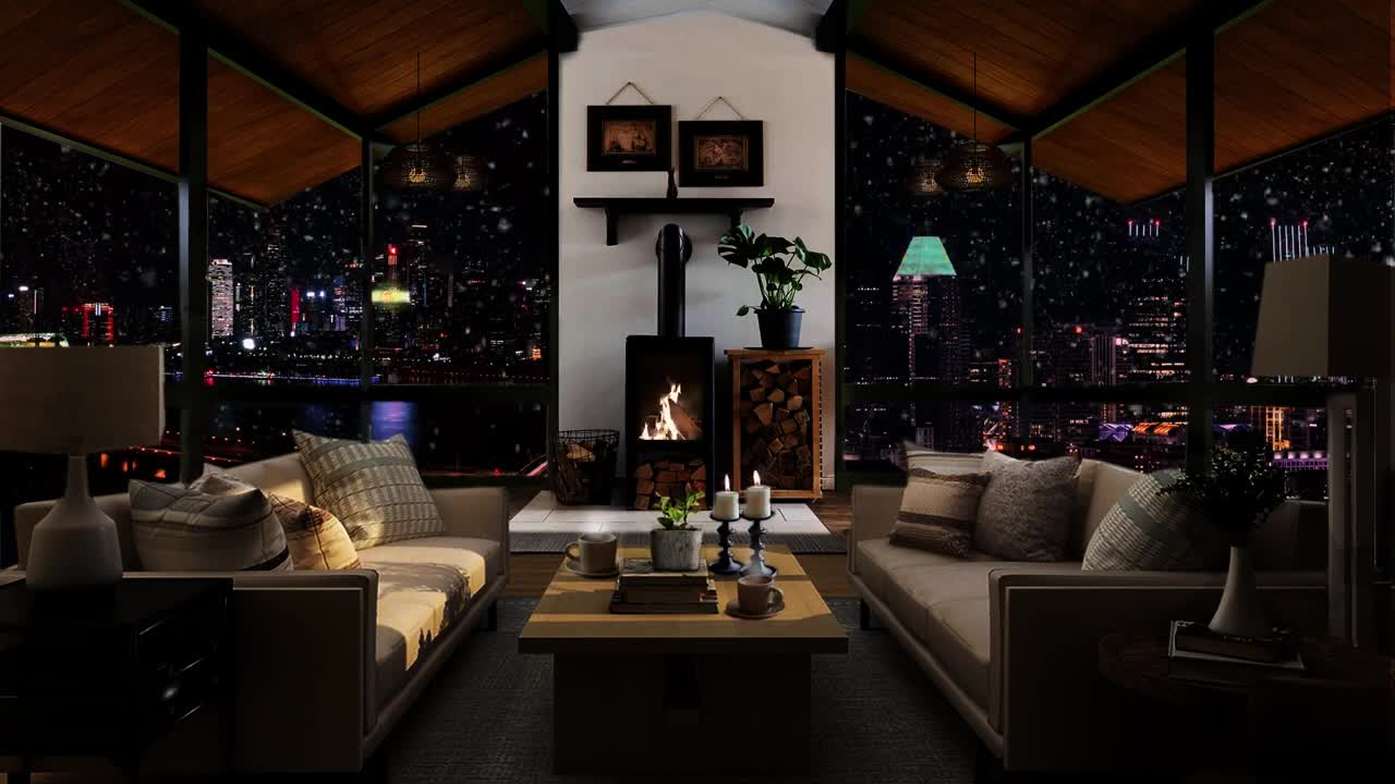 Relaxation Station Relaxing jazz and fireplace sound with City night view | Soft crackling fire