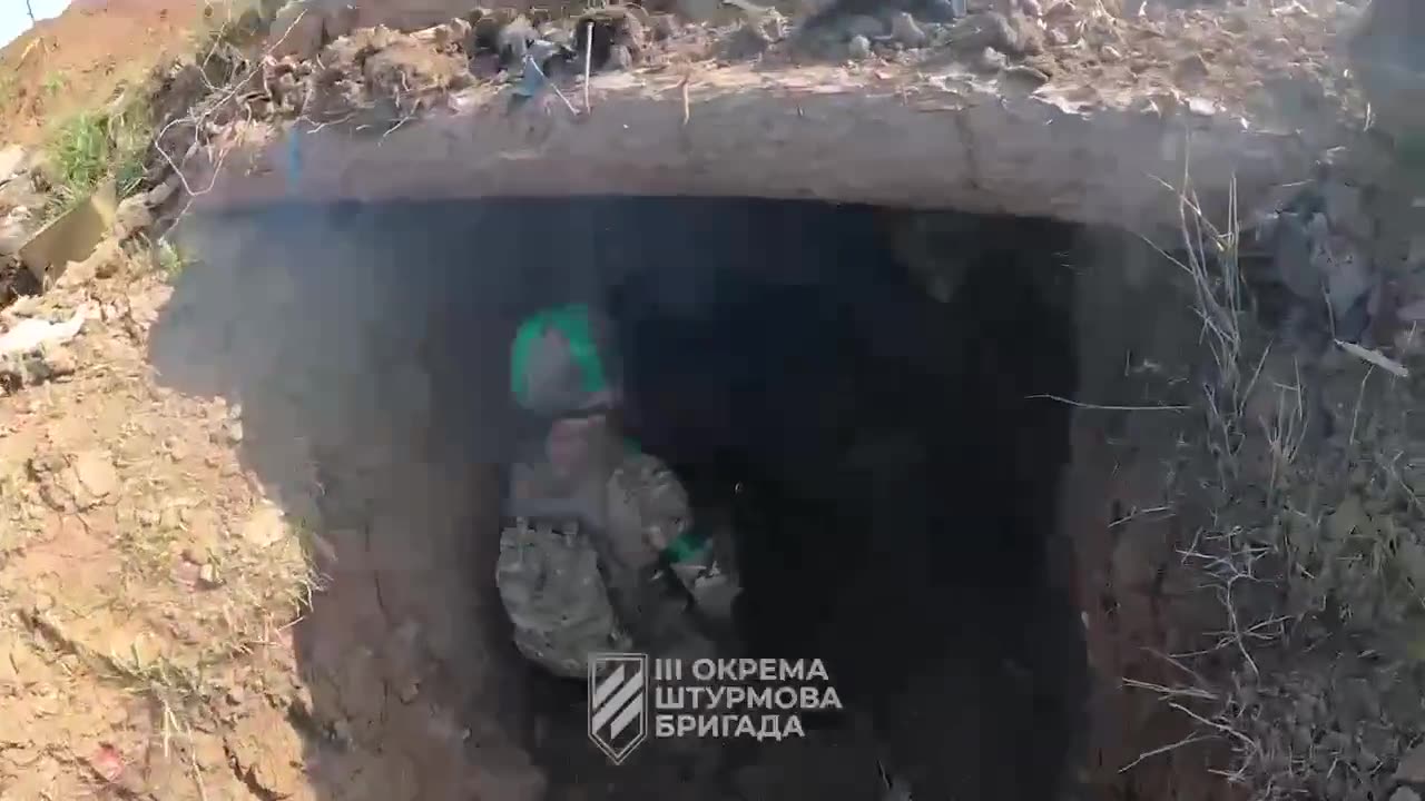 Ukrainians Entering Partially Collapsed Russian Dugout