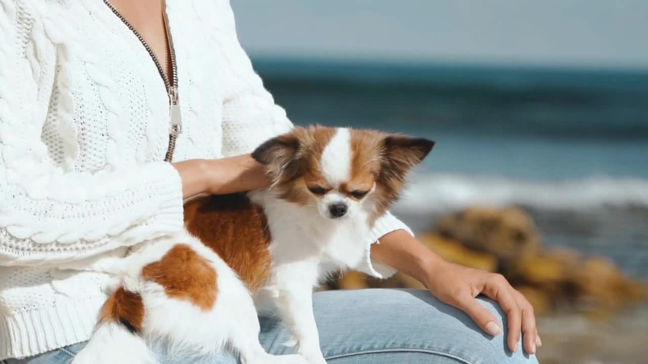 Young adult girl spending weekend day together with little dog