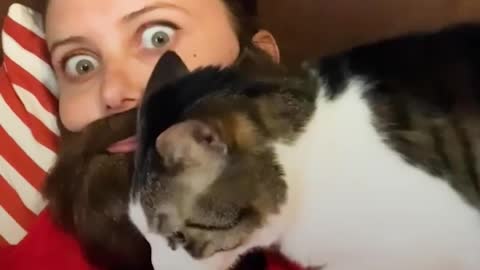 Cat likes Dad better than Mom ... so Mom starts wearing fake beards 😻