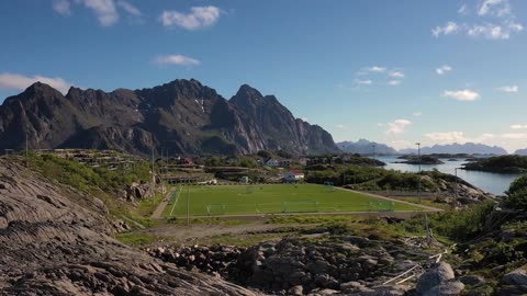 norway lofoten football field stadium in henningsvaer from above