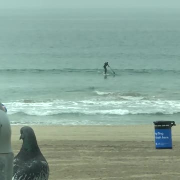Man rides surfboard far out in ocean
