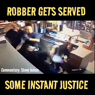 Robber gets beaten by the entire pizza staff