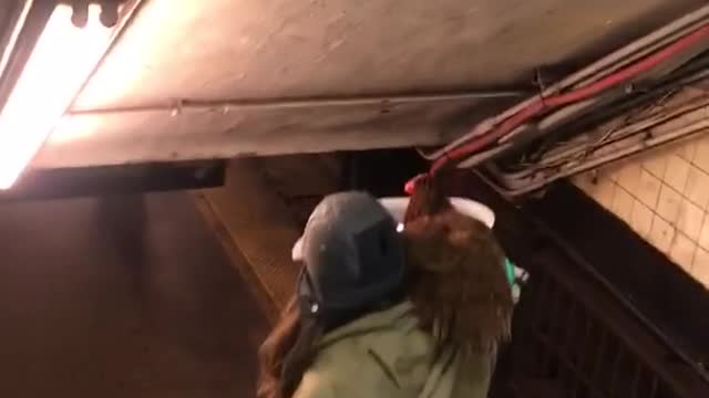 Woman holding her chicken as she walks down the subway stairs