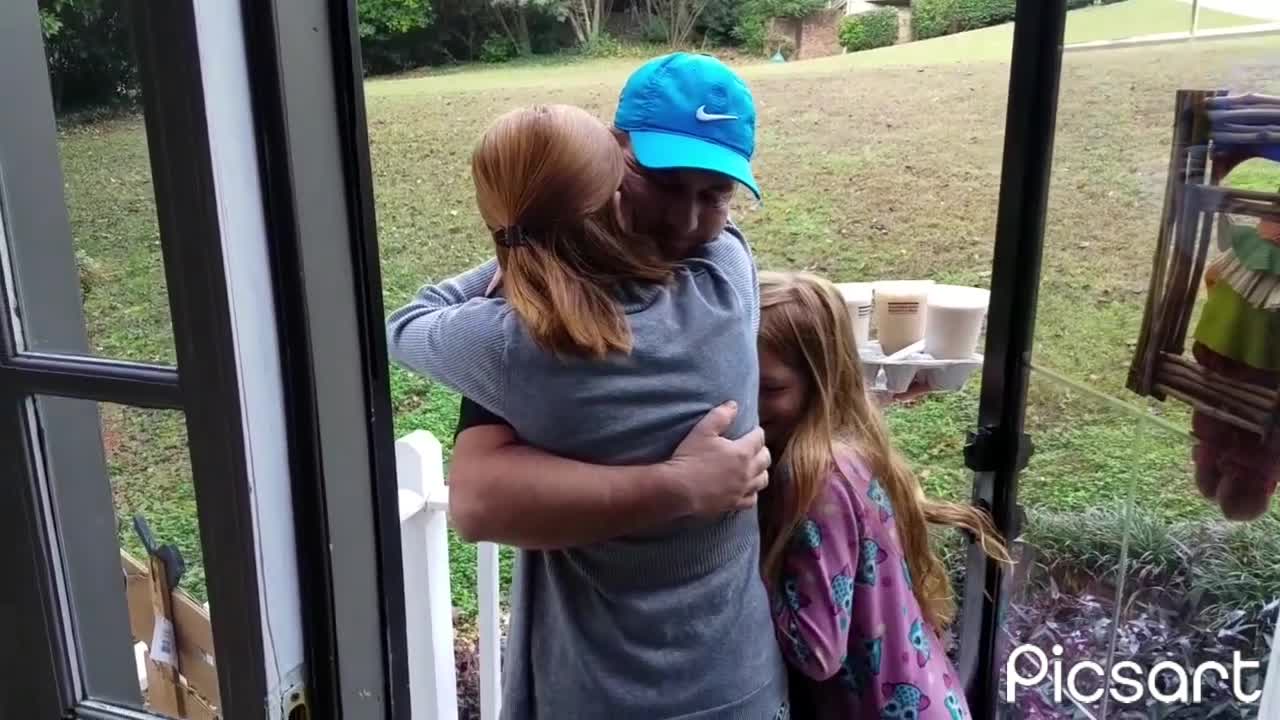 husband surprises family with visit. #priceless reaction