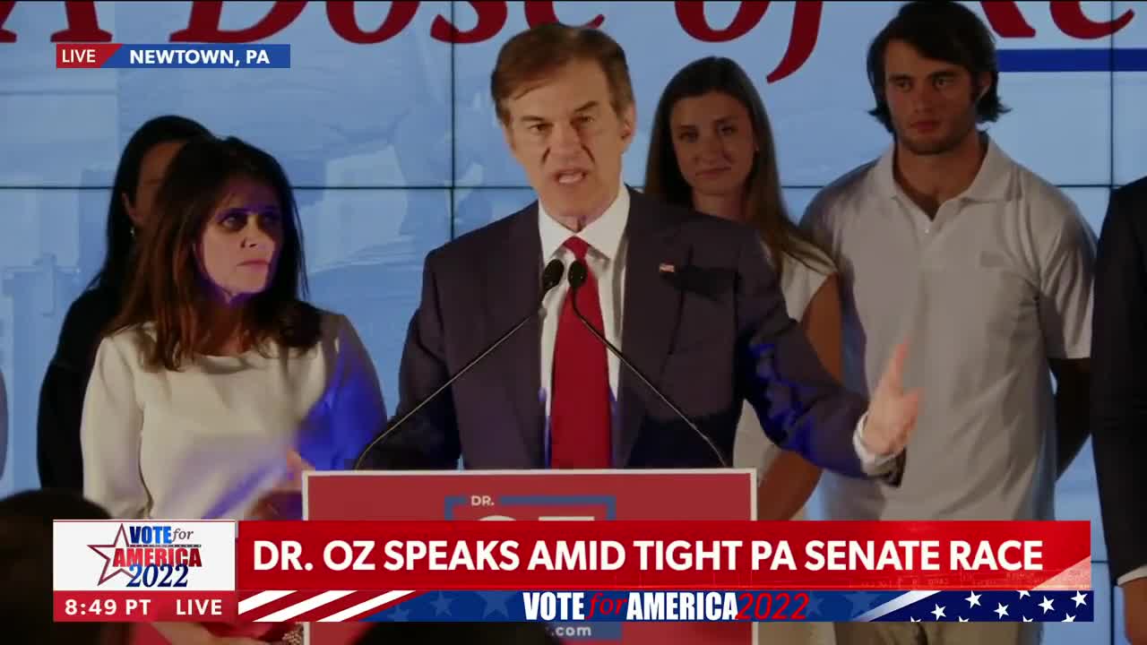 Dr Oz speaks amid too-close-to-call Pennsylvania Senate Republican primary results.