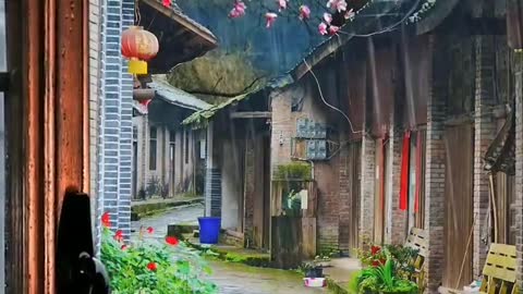 Beautiful street view from window, beautiful house, rainy day