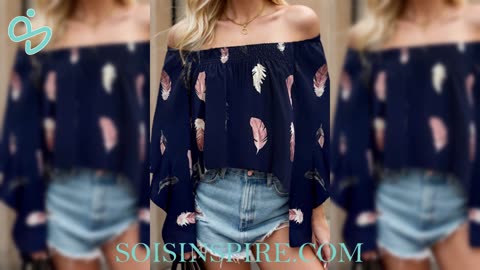 Feather Print Smocked Off-Shoulder Blouse #featherfashion #blouse #fashion #style