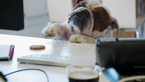 Bulldog trying to reach a cookie on the desk in an office