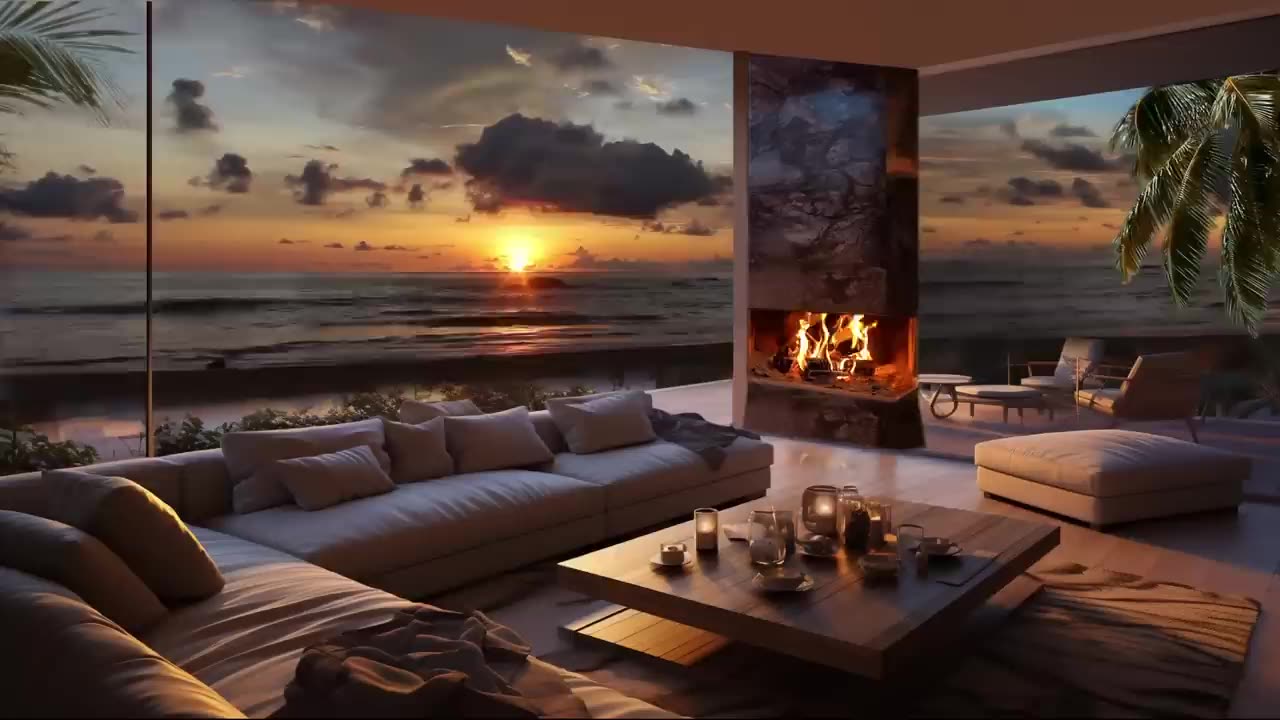 "Cozy Beach House | Relaxing Fireplace & Sound of Ocean Waves For Deep Sleep | Sunset Ambience"