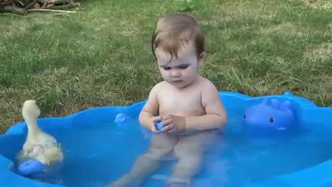 Funny Baby Reaction to Duckling in the Pool and Taking Shower