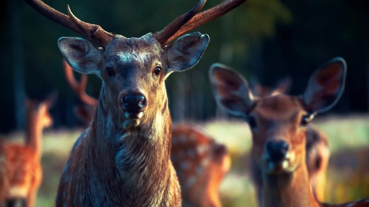 A male deer is looking at the camera in close-up, the focus is shifted to another animal