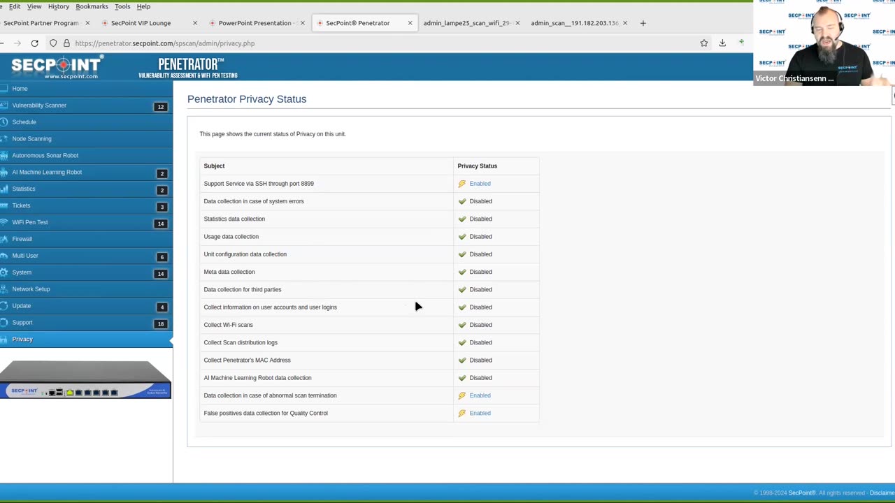 SecPoint Penetrator Vulnerability Scanner Privacy Menu