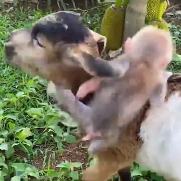 Monkey and baby goat playing