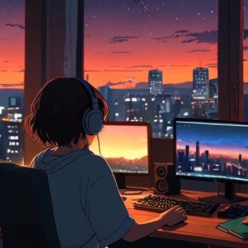 An anime girl sitting in a cozy bedroom in front of a computer - FYP