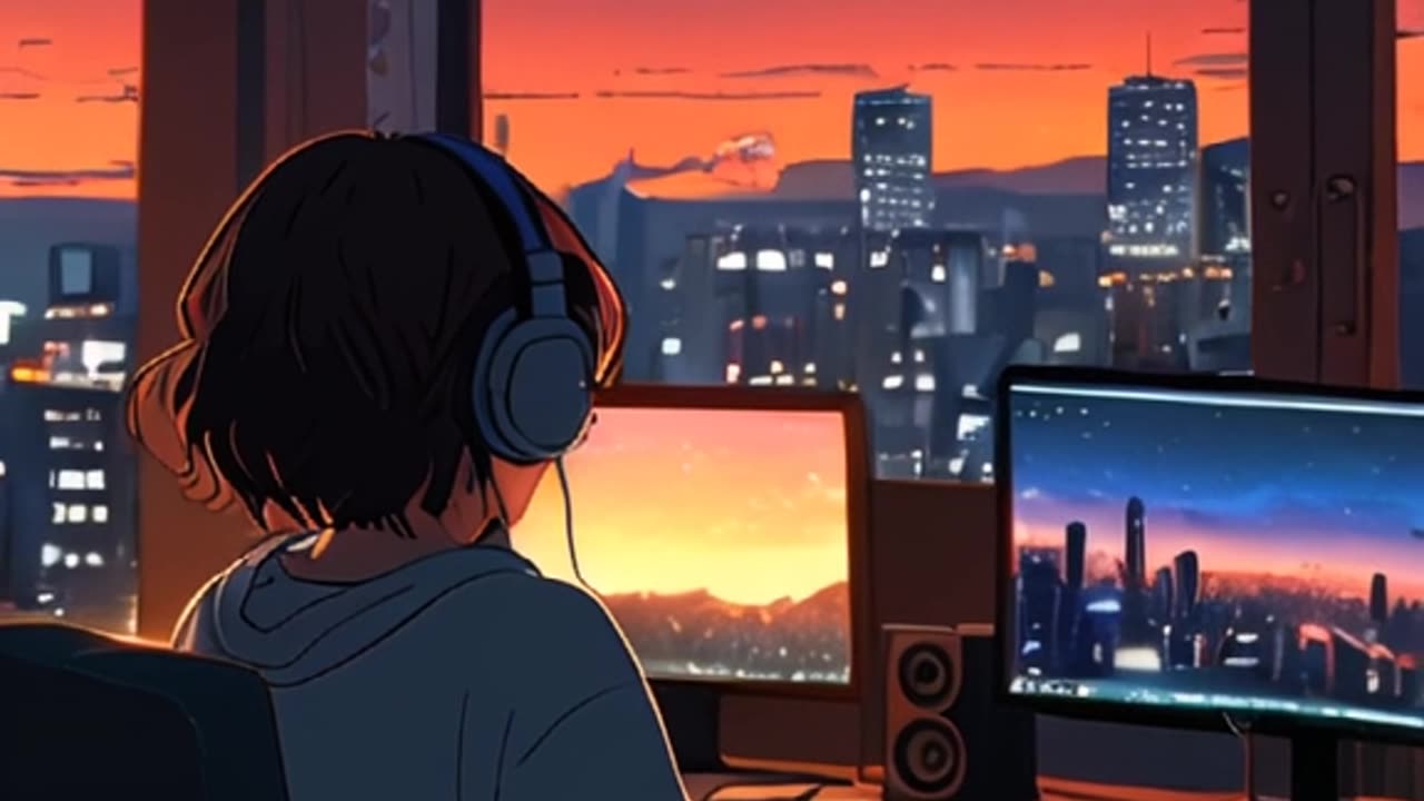 An anime girl sitting in a cozy bedroom in front of a computer - FYP