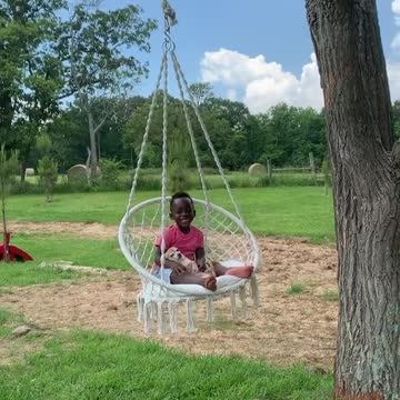 Little Boy Enjoys Hammock Swing With His Puppy
