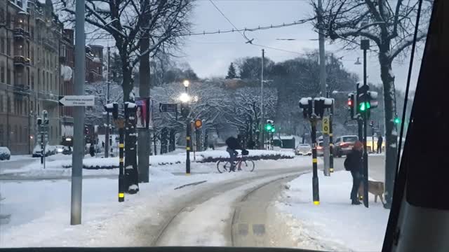 Walking in the snow street.