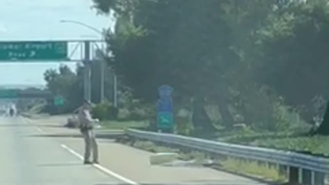 Police officer removes surfboard from middle of highway