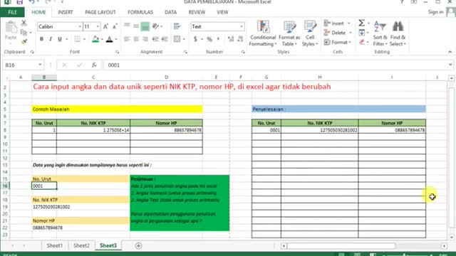 How to input unique numbers and data such as NIK KTP, cellphone numbers, in Ms excel