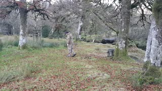 Measuring the trees distance apart. Before setting up a 4x4 tarp.