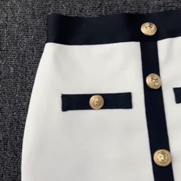 Black White Bandage Skirts For Women Elegant High Waist Elastic Buttons Knee Length Pen