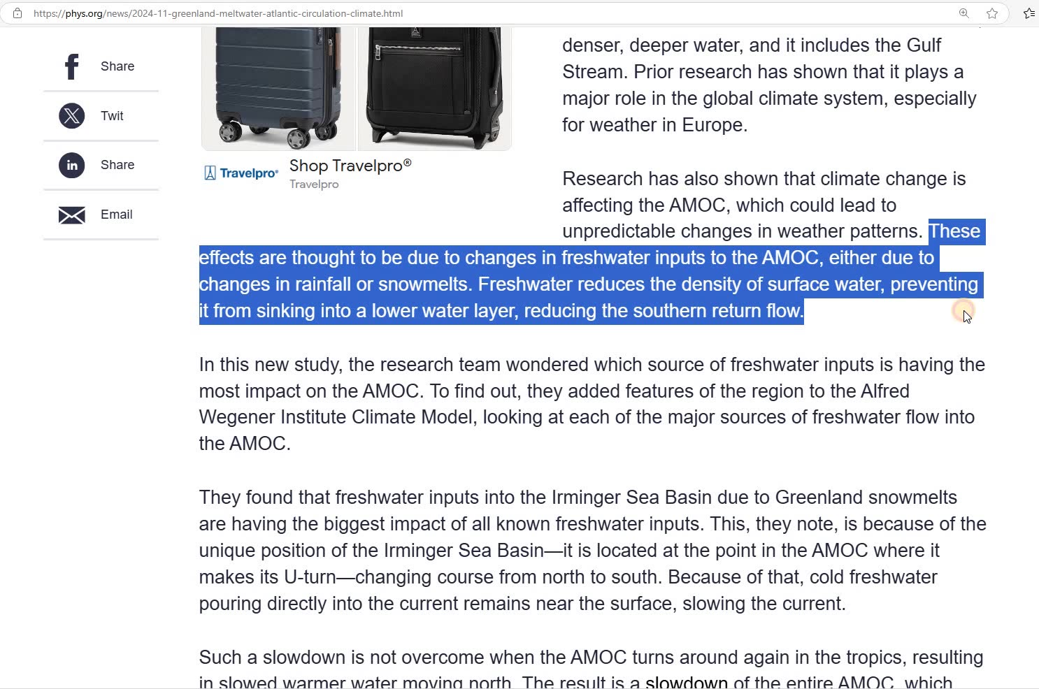ARCTIC MELTING IS SAID TO BE SLOWING DRIVER OF OCEAN CIRCULATION - THIS CONTROLS CLIMATES/WEATHER