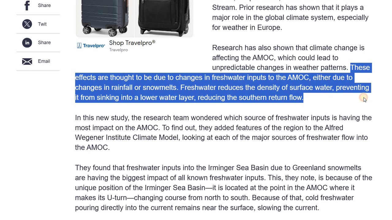 ARCTIC MELTING IS SAID TO BE SLOWING DRIVER OF OCEAN CIRCULATION - THIS CONTROLS CLIMATES/WEATHER