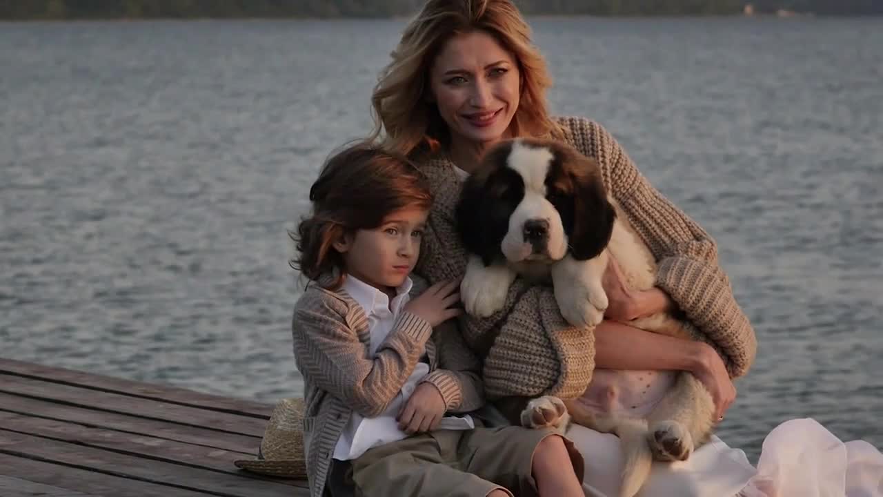 Little boy with mother near the sea playing with their dogs