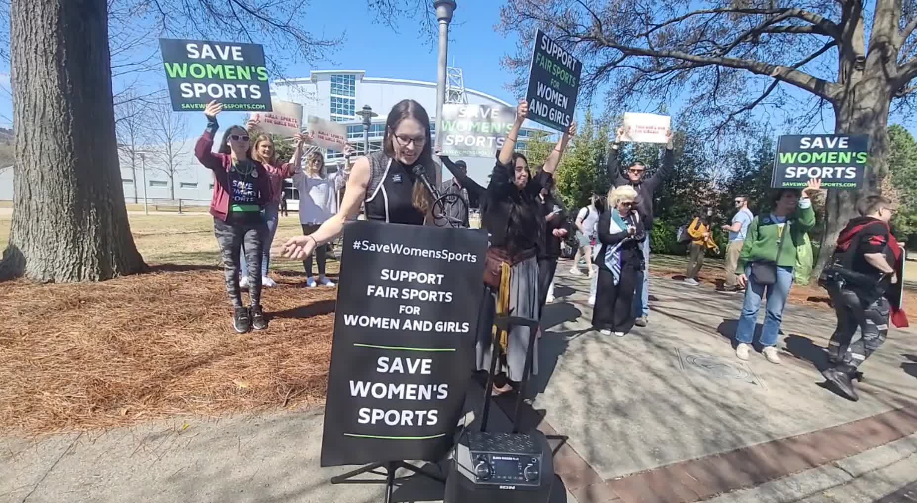 Counter protestor to “Save Women’s Sports” yells “f*ck you transphobe a**holes” at NCAA women’s swimming championships in Atlanta